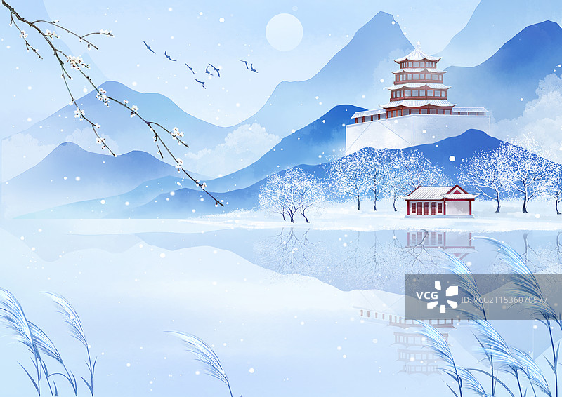 手绘水墨山水意境插画颐和园的冬天图片素材