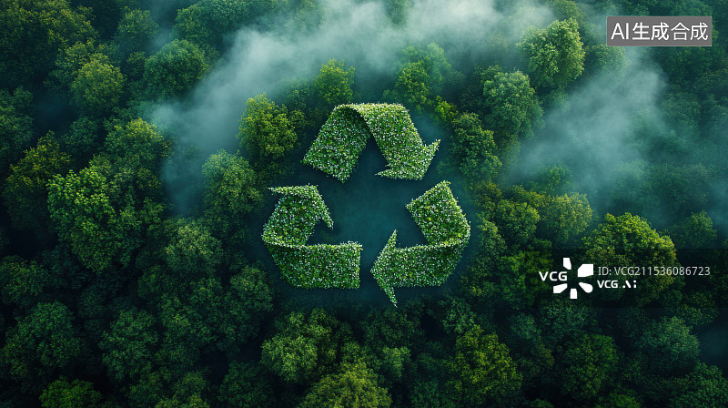 【AI数字艺术】绿色环保循环标志森林氧气自然有机背景图片素材