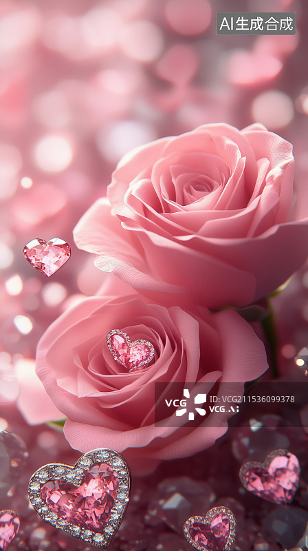 【AI数字艺术】粉红玫瑰与心形宝石情人节主题背景图片素材