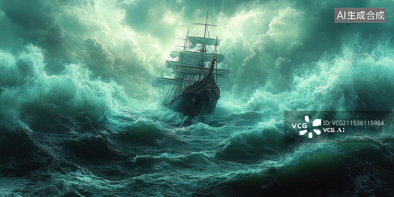 【AI数字艺术】波涛汹涌惊涛骇浪的海面暴风雨凶险场面 古老的巨型帆船海上航行探险 翻滚的海水 狂风暴雨恶劣天气图片素材
