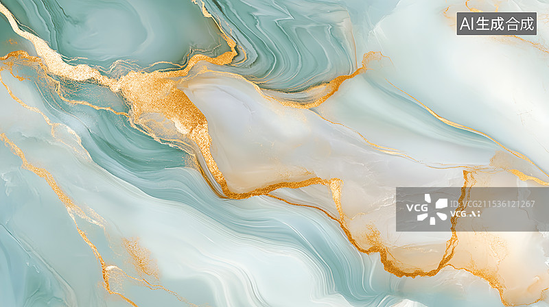 【AI数字艺术】绿松石色金箔流体大理石纹理抽象背景图片素材