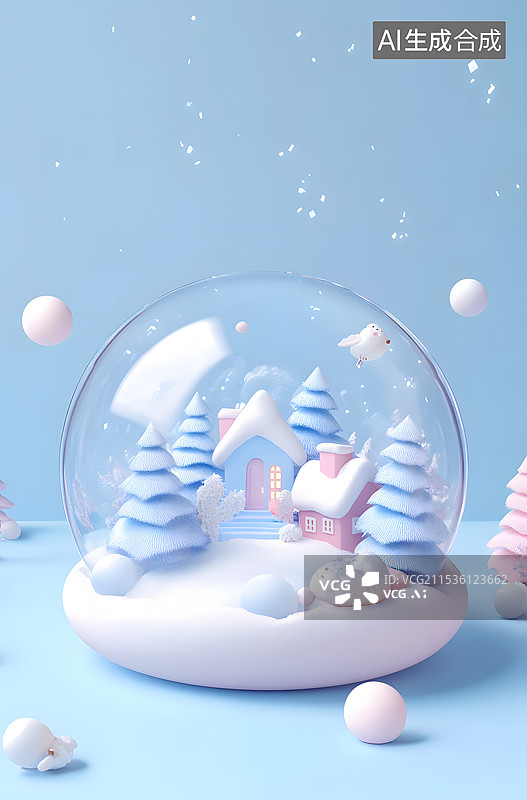 【AI数字艺术】水晶球中的圣诞小镇雪地冬季圣诞树冬季3DC4D电商礼品图片素材
