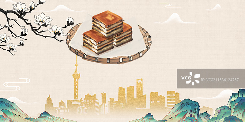 中国风国风水墨风上海特色小吃千层油糕插画健康特色美食年俗美味二十四节气插画图片素材