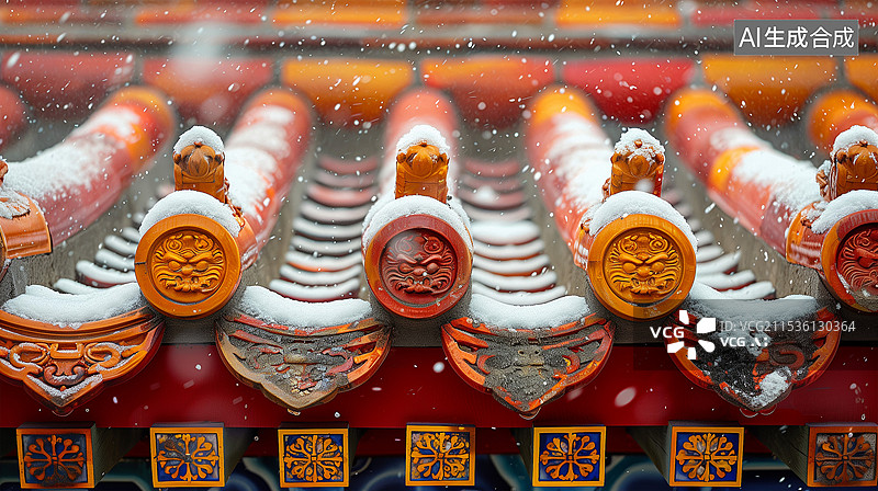 【AI数字艺术】大雪中红色宫殿古建筑图片素材