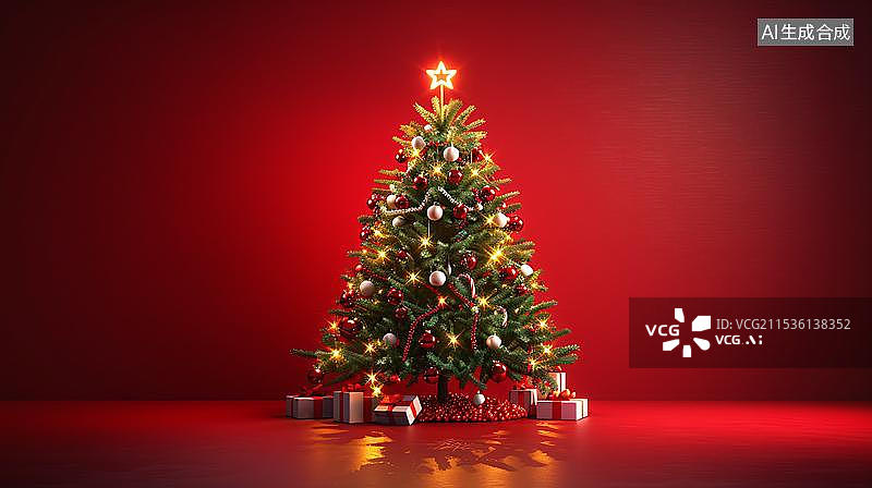 【AI数字艺术】红色背景上的节日圣诞树和礼物盒图片素材