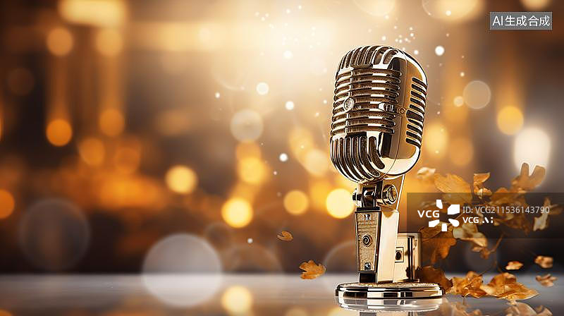 【AI数字艺术】桌子上的麦克风 金色背景图片素材