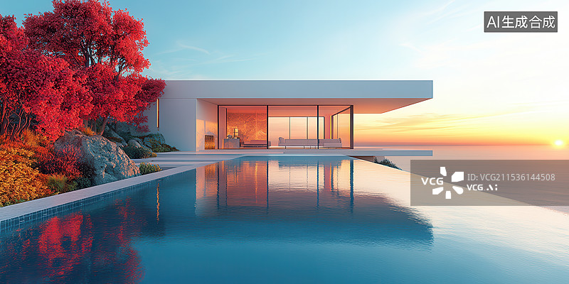 【AI数字艺术】夕阳下的别墅海边现代建筑内部景观无边泳池图片素材