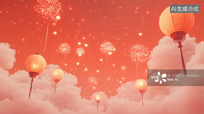 【AI数字艺术】漫天烟花下的红灯笼图片素材