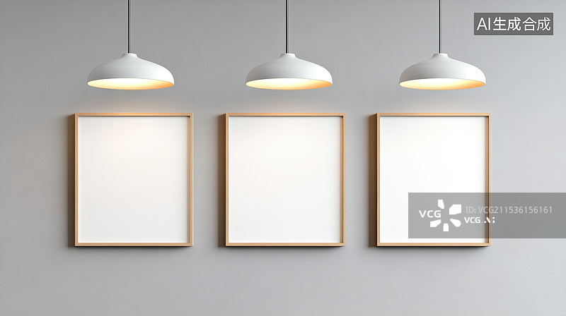 【AI数字艺术】现代室内装饰：三幅空白画框与吊灯图片素材