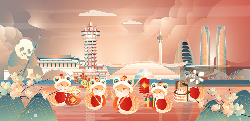 成都蛇年年俗城市地标建筑横版矢量插画图片素材