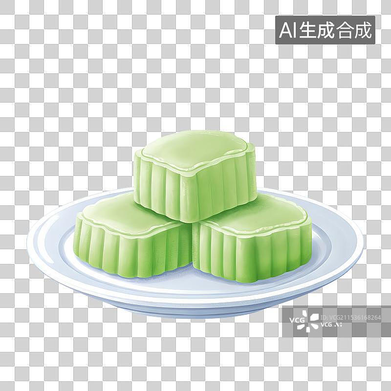 【AI数字艺术】手绘插画，一盘绿豆糕，糯米糕，茶食，茶点，零食，下午茶甜点，中国传统美食免抠元素图片素材