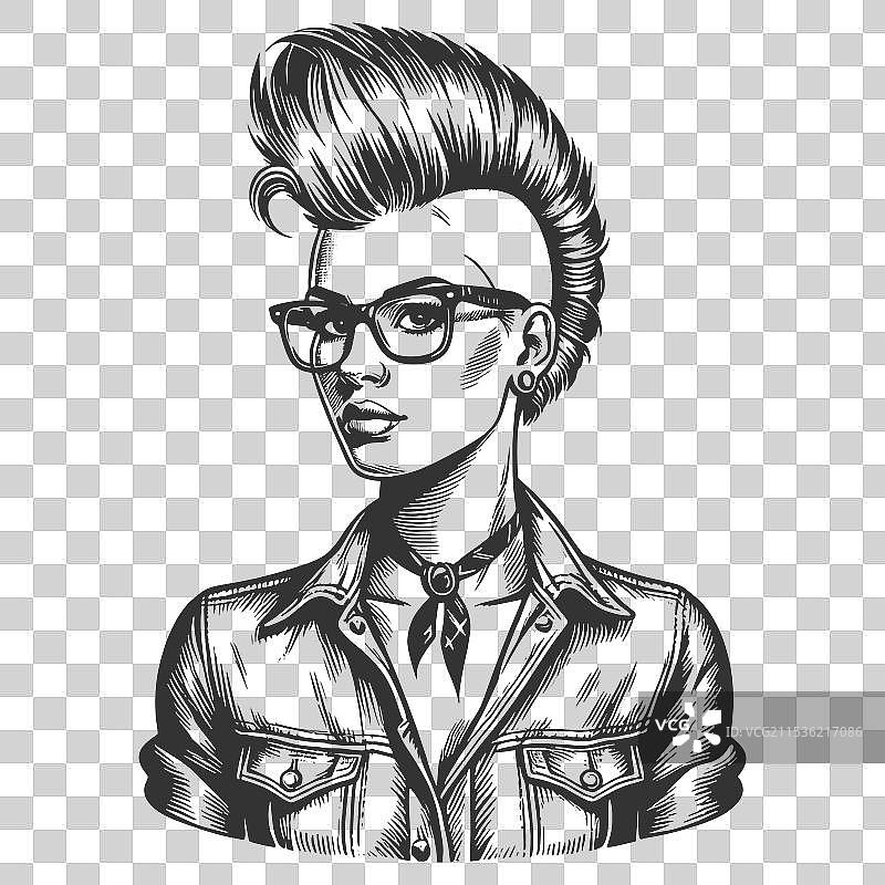 朋克女性戴着莫霍克发型，正在调整眼镜图片素材