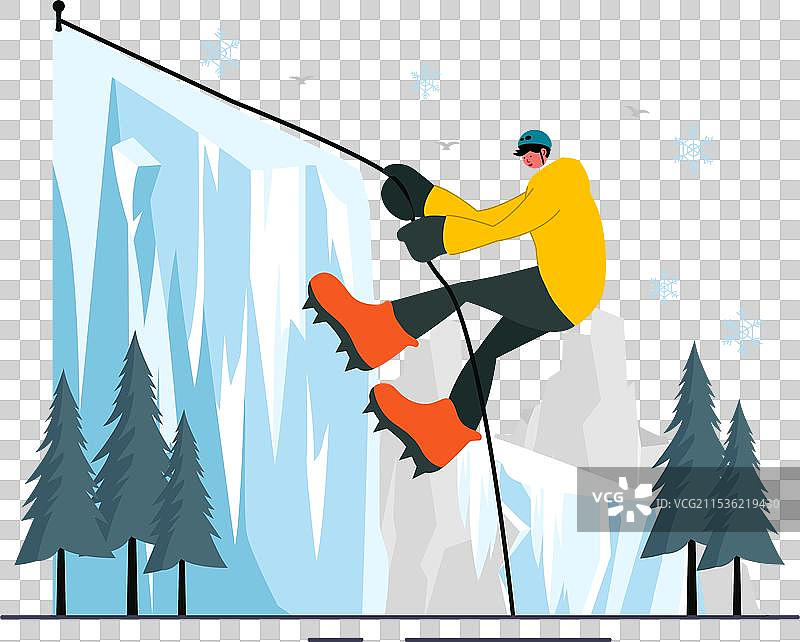 冰攀登，展示一名攀登者在冰面上攀爬图片素材