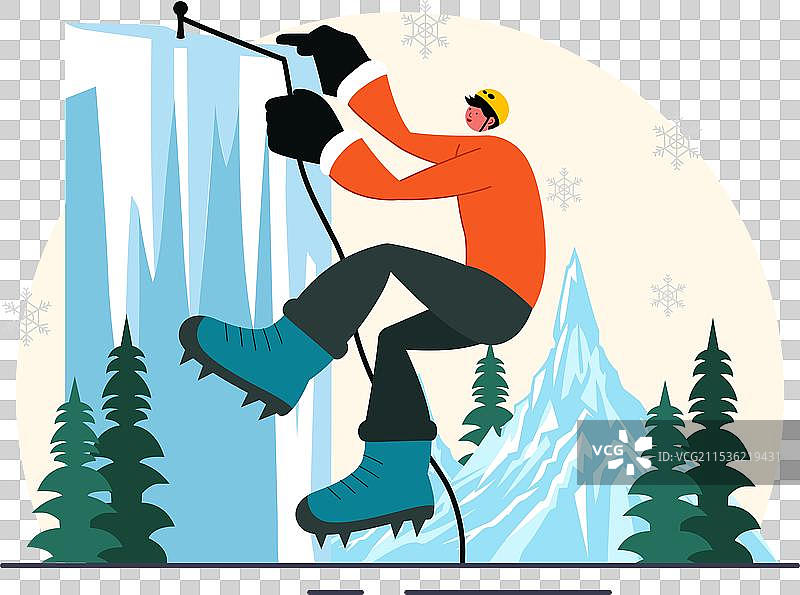 冰攀登，展示一名攀登者在冰面上攀爬图片素材