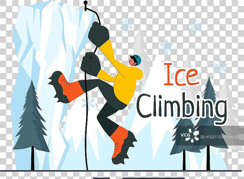 冰攀登，展示一名攀登者在冰面上攀爬图片素材
