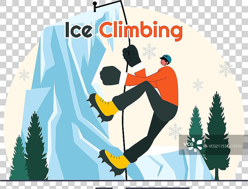 冰攀登，展示一名攀登者在冰面上攀爬图片素材