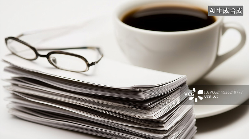 【AI数字艺术】整洁的桌面上整齐地堆放着法律文件，旁边放着一副眼镜和一杯咖啡。这一场景象征着法律工作所需的专注和集中图片素材