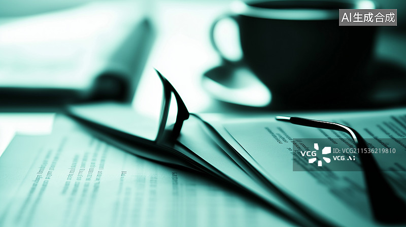 【AI数字艺术】整洁的桌面上整齐地堆放着法律文件，旁边放着一副眼镜和一杯咖啡。这一场景象征着法律工作所需的专注和集中图片素材