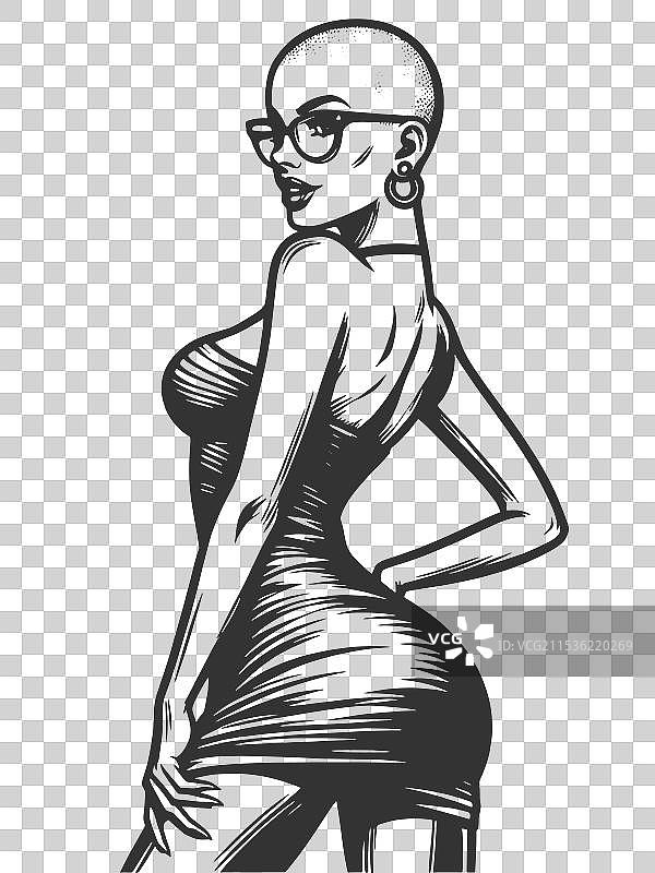 戴眼镜和穿裙子的光头女性图片素材