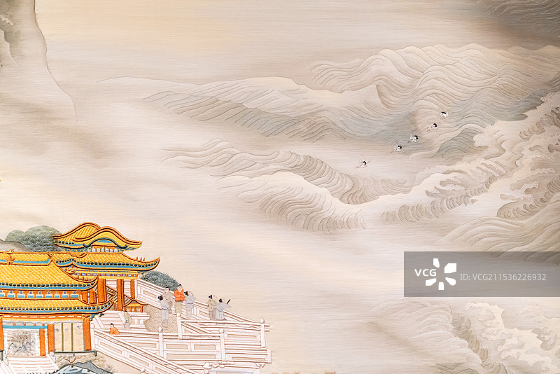 美术工艺，雀金绣，蓬莱仙境图局部，海浪，宫殿，观景台图片素材
