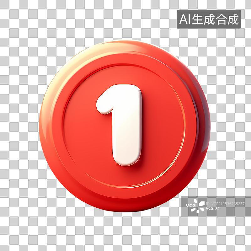 【AI数字艺术】3D渲染标着数字1的红色圆形图标图片素材