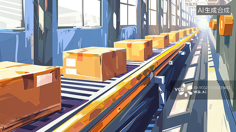 【AI数字艺术】输送带上的纸箱数字插画图片素材