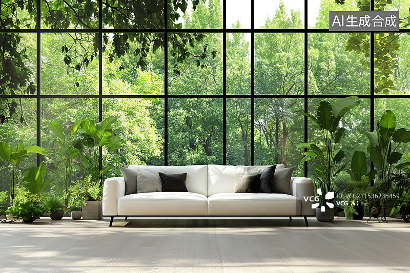 【AI数字艺术】开满绿植的温馨起居室室内空间图片素材