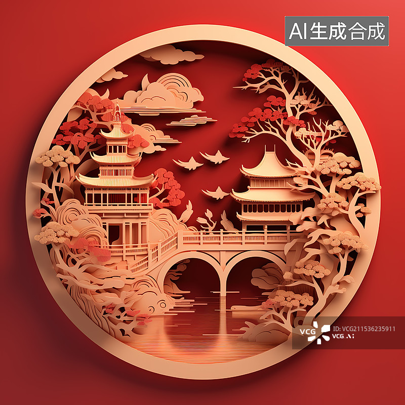 【AI数字艺术】剪纸风格红色背景下的中式传统建筑图片素材