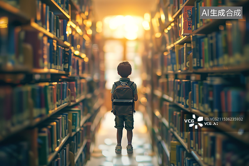 【AI数字艺术】微距效果图书馆里的小男孩插画图片素材