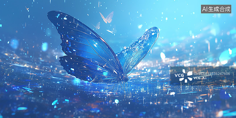 【AI数字艺术】3D蓝色科技设计互联网背景程序代码和一只神秘的大蝴蝶横幅、传单、网页设计图片素材