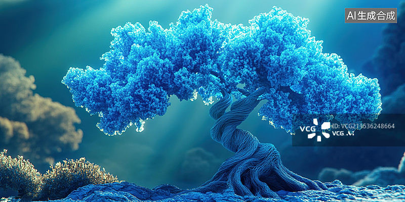 【AI数字艺术】一颗由蓝色粒子形成的怪异分支树木参天古木科技梦幻背景互联网网络分支封面横幅图书艺术美学图片素材