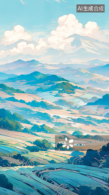 【AI数字艺术】梯田山坡树林杂草植被 蓝天白云山峰山脉 层次感复古版画风格创意装饰画插图 青绿色山势地形地貌自然分光图片素材