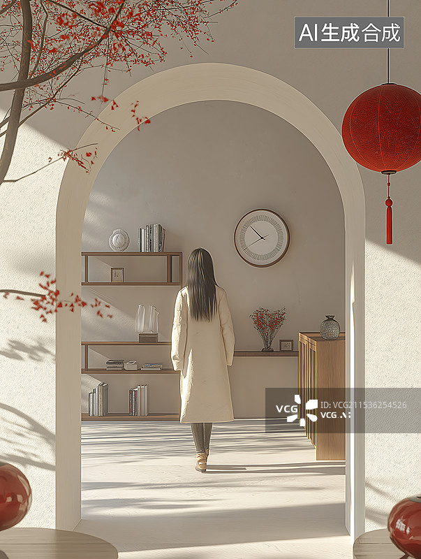 【AI数字艺术】可爱温馨空间拱门下的女孩背影图片素材