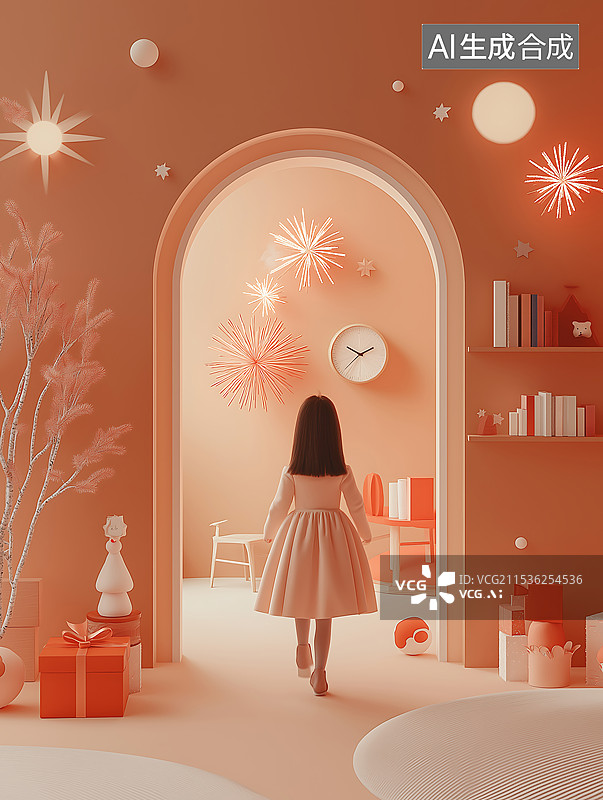 【AI数字艺术】可爱温馨空间拱门下的女孩背影图片素材