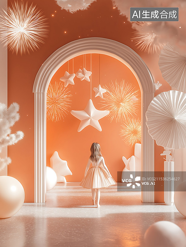 【AI数字艺术】可爱温馨空间拱门下的女孩背影图片素材