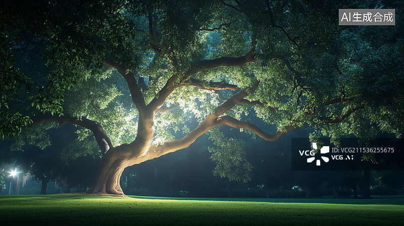 【AI数字艺术】夜幕下的大树图片素材
