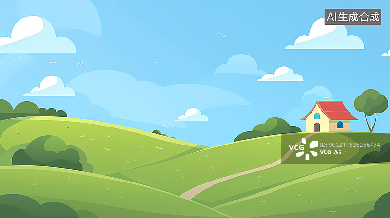 【AI数字艺术】卡通草地小房子插画图片素材