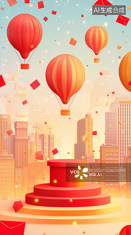 【AI数字艺术】红礼盒与热气球的城市梦想图片素材