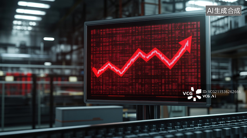 【AI数字艺术】现代化生产车间前显示着上升趋势的红色箭头图片素材