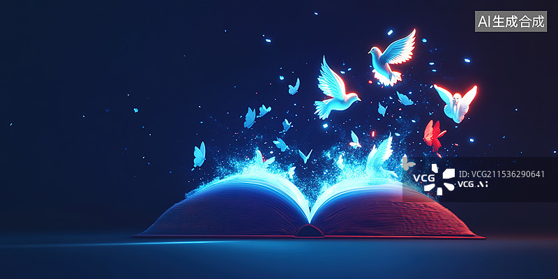 【AI数字艺术】一座梦幻的3D城堡打开的魔法书散发出蓝色光芒蝴蝶和白鸽神秘奇幻万圣节魔法世界图书封面背景图片素材