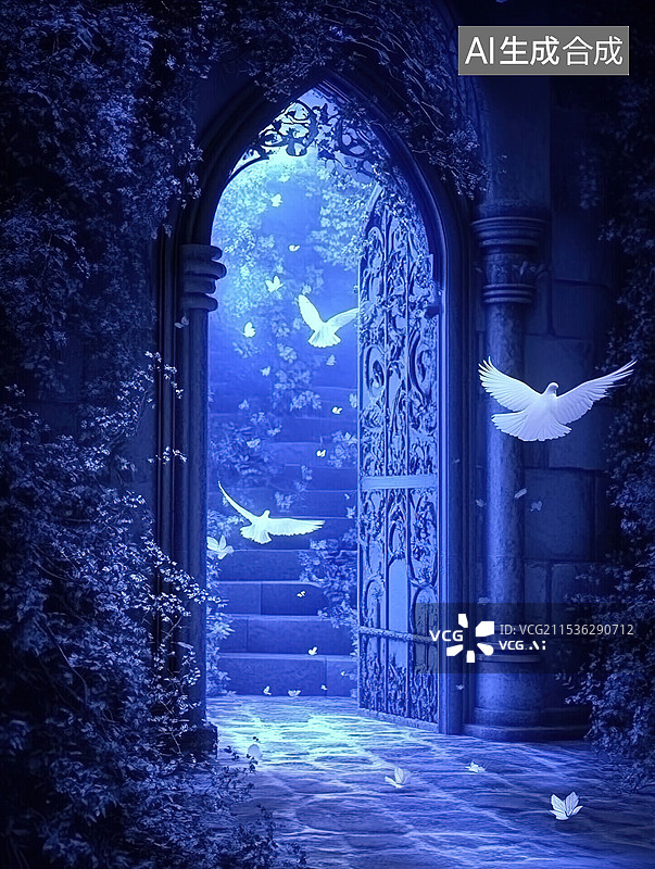 【AI数字艺术】一座梦幻的3D城堡打开的魔法书散发出蓝色光芒蝴蝶和白鸽神秘奇幻万圣节魔法世界图书封面背景图片素材