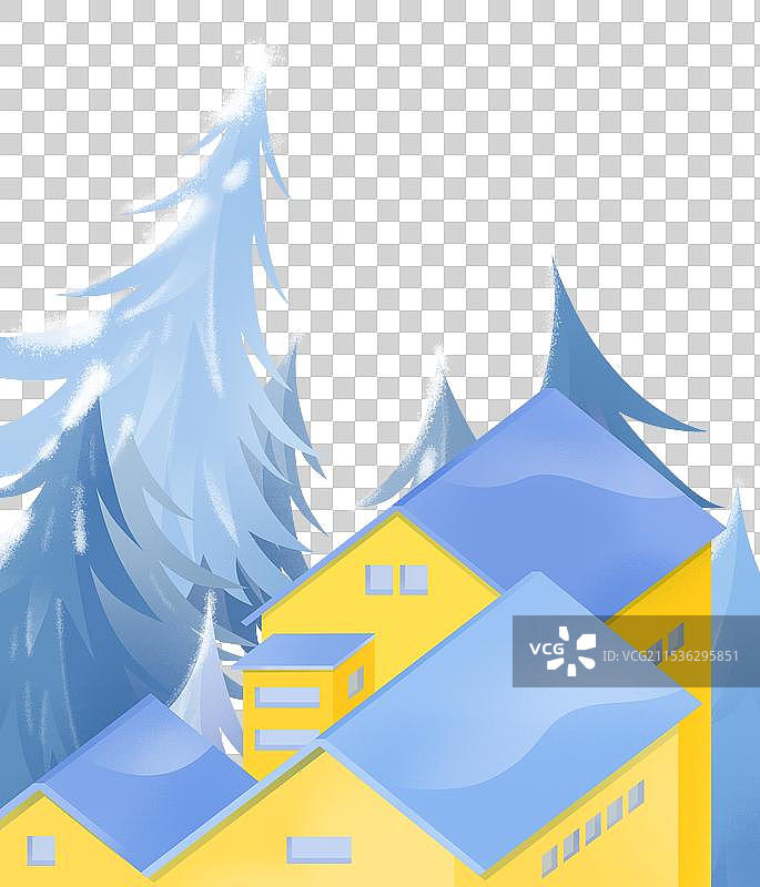 手绘蓝色树林小屋插画元素图片素材