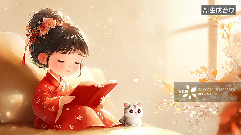 【AI数字艺术】喜庆新年氛围，小女孩和猫咪的休闲时光图片素材