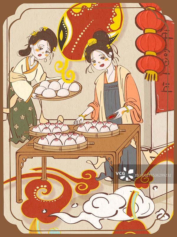 红色古代新年古装女性蒸馒头插画图片素材