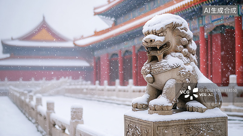 【AI数字艺术】古代皇家宫殿铜狮与雪景图片素材
