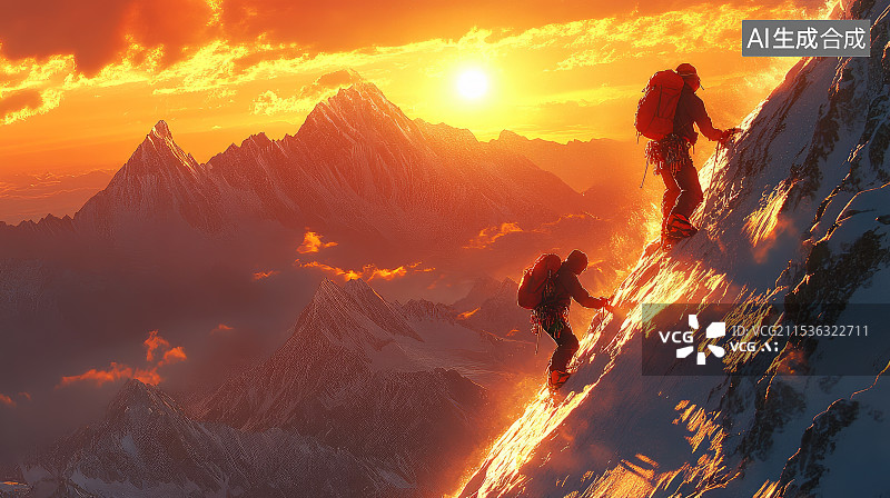 【AI数字艺术】雪山日出与攀登者图片素材