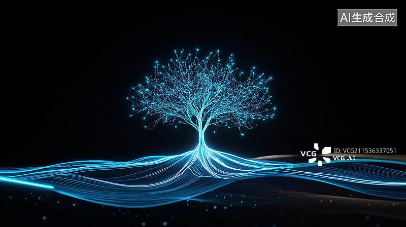 【AI数字艺术】未来科技蓝色背景——发光粒子组成的大树图片素材