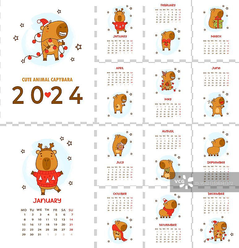 可爱的水豚可打印日历 2024图片素材