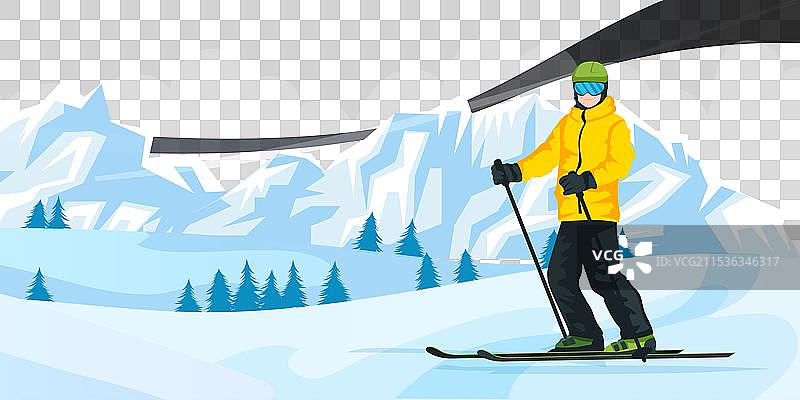 穿着温暖黄色衣服的滑雪男士站在雪地上图片素材