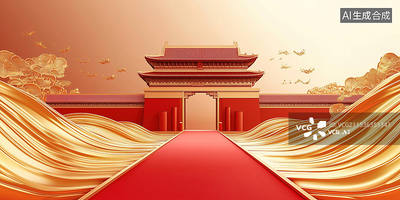 【AI数字艺术】3D古代建筑牌坊和金色祥云图片素材